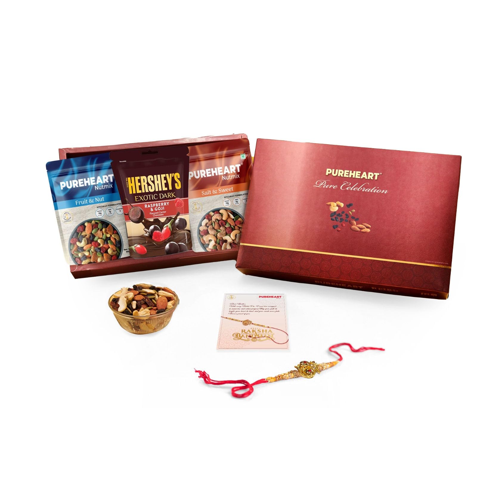 PUREHEART Rakhi Gift Hamper Natural Fruit & Nut Nutmix, Sweet & Salt Nutmix (80g, each), Dark Chocolate with Designer Rakhi for Brother, Card, Pooja Rice, Kumkum