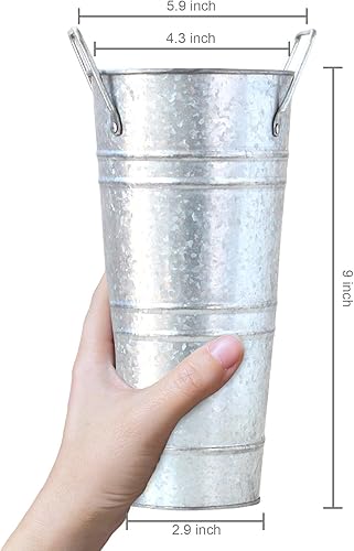 Miniatura 5 de Cubo de flores galvanizado, jarrones de metal rústico floral de 9 pulgadas con asas para decoración de mesa de boda en el hogar, mesa de mesa, juego