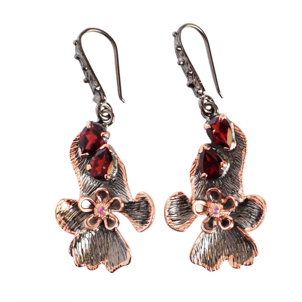 Boucles d'oreilles grenat argent 925 d'exception et quartz rose - 7