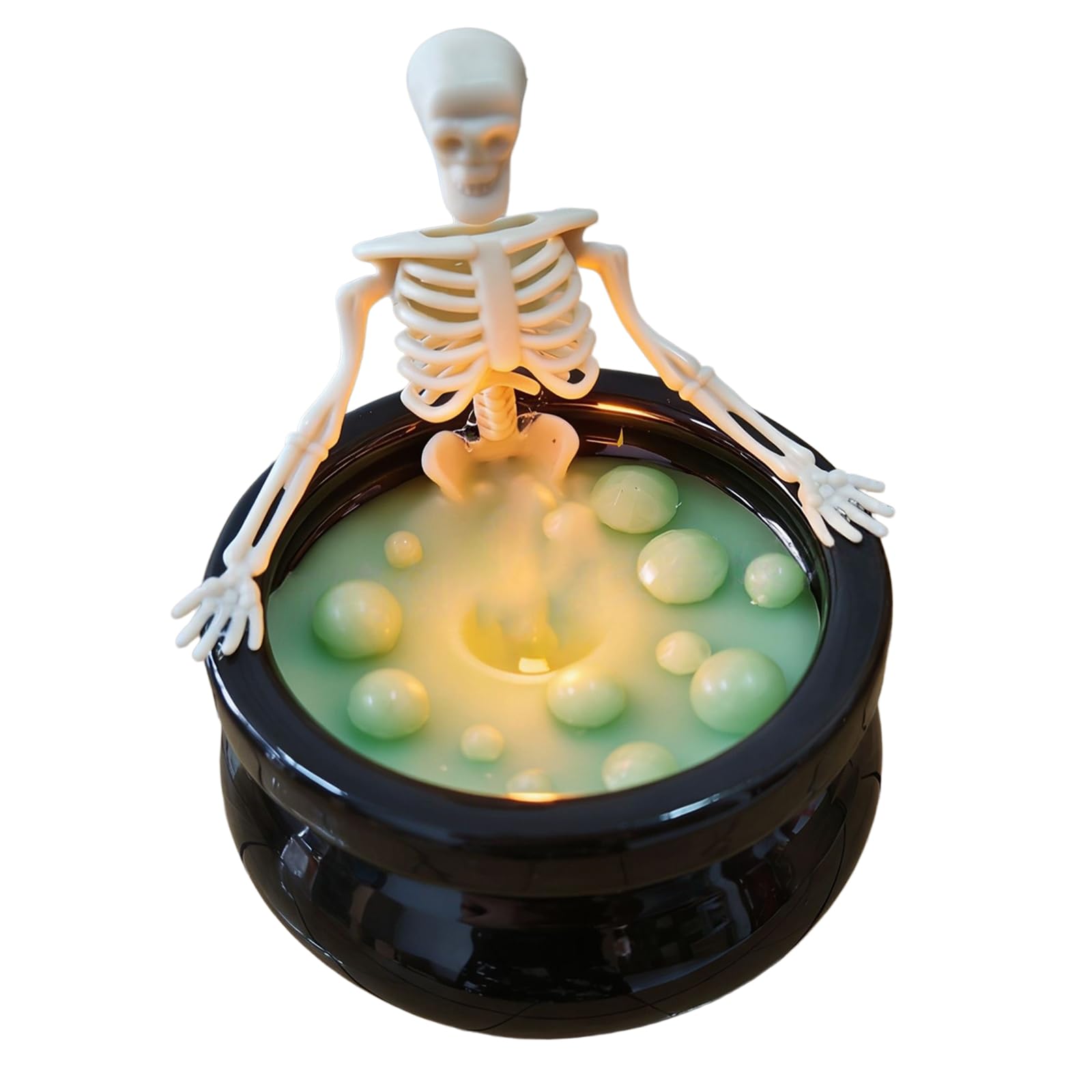 WEILWH Ceramic Halloween Cauldron with Skeleton Figure, Compact Table Decor for Party Centerpieces, Shelves, Mantels, and Home Displays Ceramic Halloween Skeleton Cauldron Decor Seasonal Accent