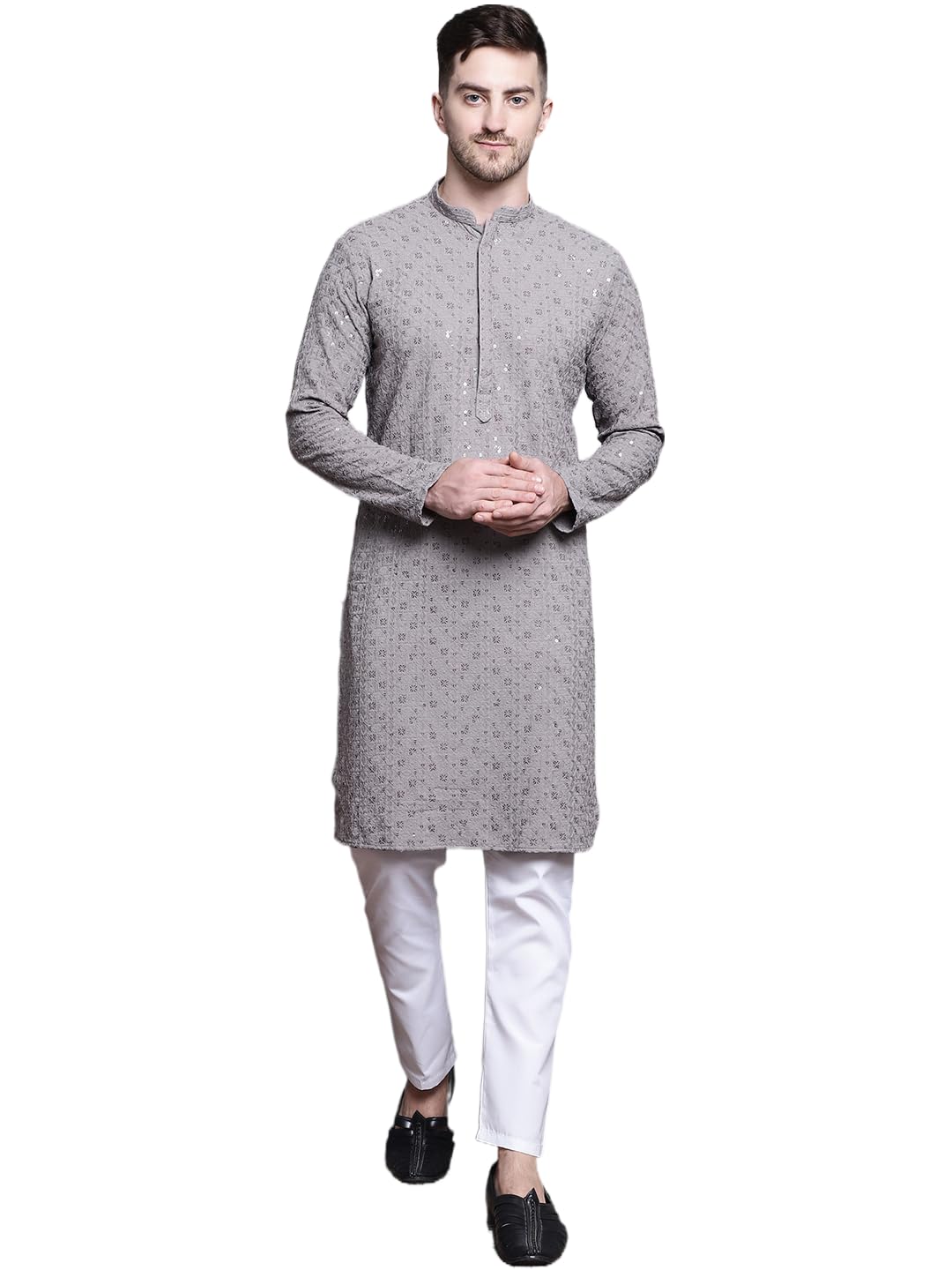 jompers Men's Sequin Embroidered Pure Cotton Kurta with Pyjamas-picture-25