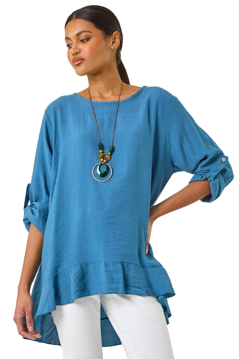 Roman Originals Women's Blue Necklace Frill Hem Tunic Top For Uk - Everyday Holiday Spring Summer Round Neckline Comfy Soft Evening Vacation Work Party - Large