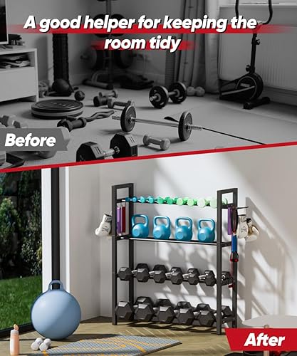 Miniatura 6 de Soporte ajustable para mancuernas y pesas rusas, organizador de metal resistente para entrenamiento de gimnasio en casa con gancho para accesorios