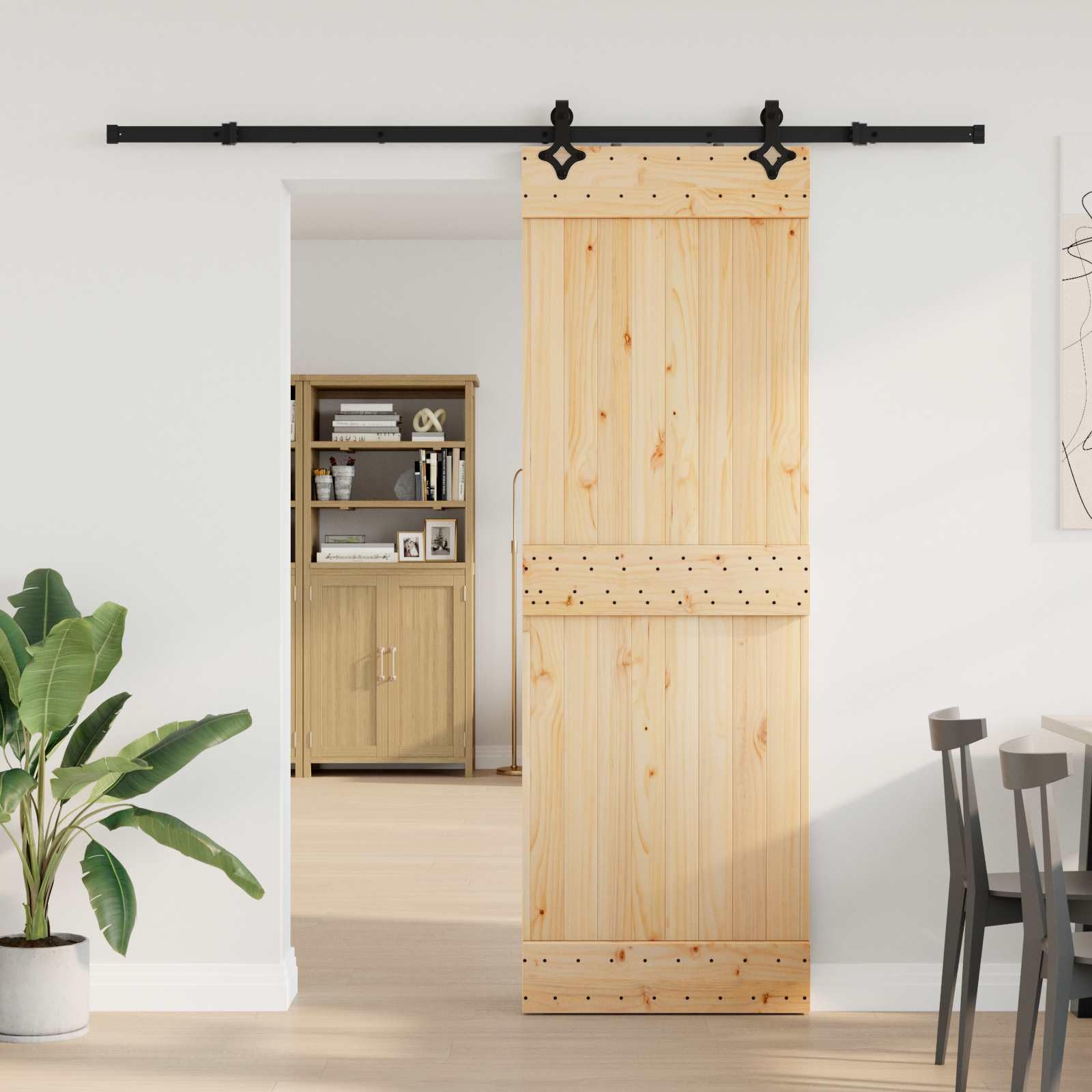 NARVIK - Porta scorrevole in legno di pino massiccio e acciaio nero, 70 x 210 cm, porta salvaspazio per interni