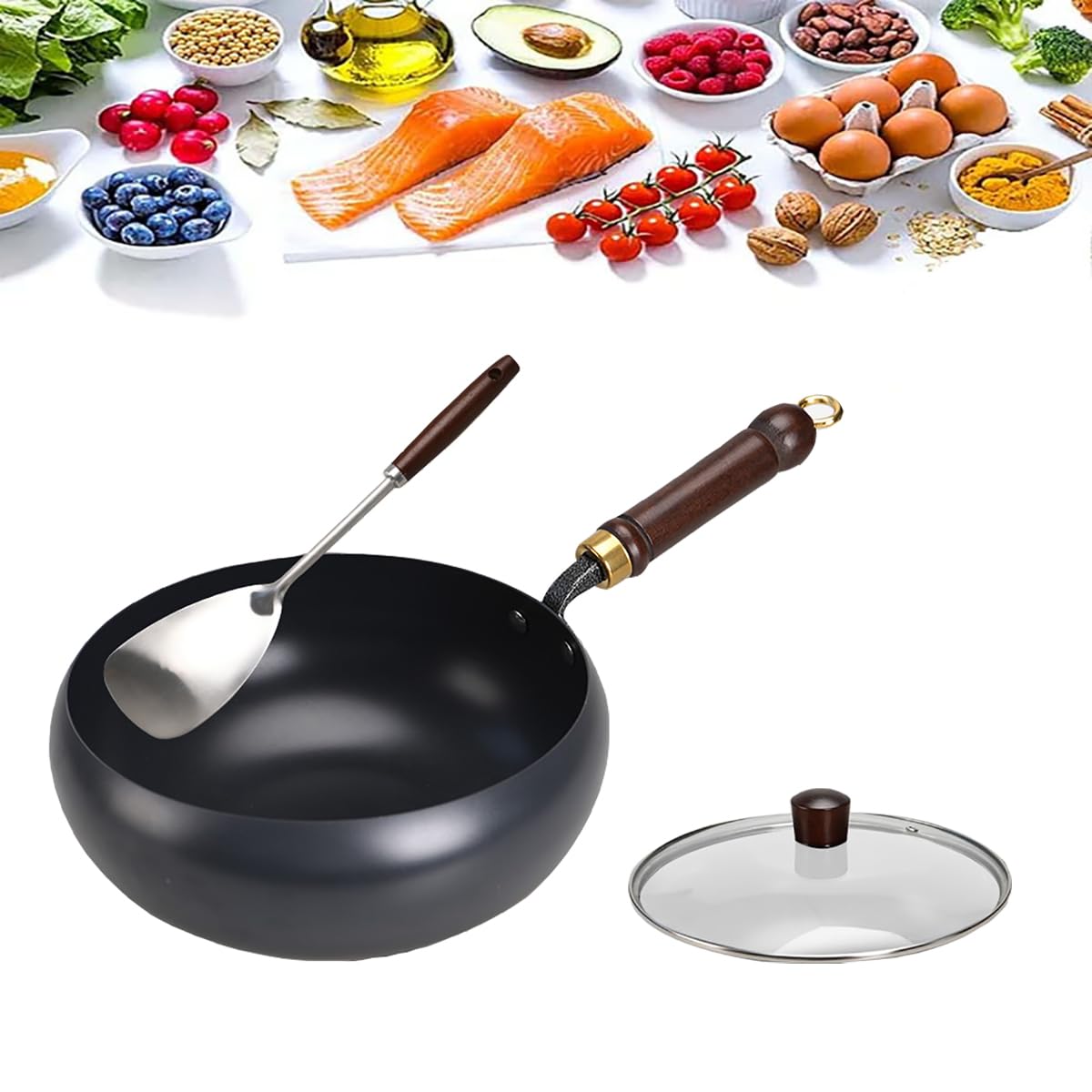 pentola wok in ferro 28 cm, non rivestita, forgiata a mano | antiaderente naturale, resistente e antiruggine, fondo tondo, compatibile con gas e induzione, con coperchio in vetro