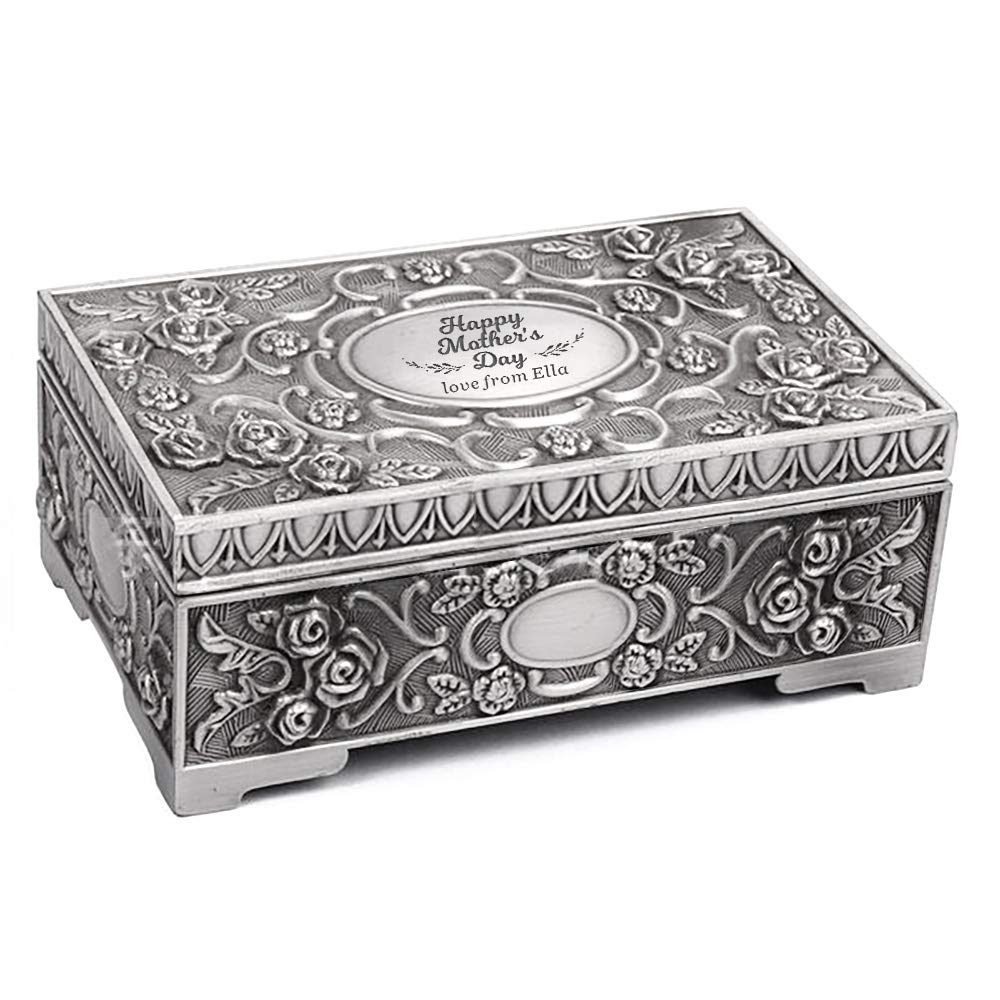 Edsg Women's Black,Silver Mothers Day Jewellery Box Personalised Trinket Box Engraved For Mum Girls Vintage Silver Jewelry Case Wedding Birthday Anniversary