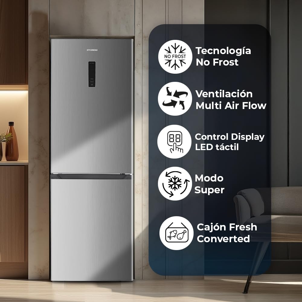 Hyundai Frigorífico Combi Inox, 2 Puertas HCB18560NCDI01, Capacidad 323 Litros, No Frost, Multi Air Flow, Bajo Nivel Sonoro, Puerta Reversible, Clasificación Energética C