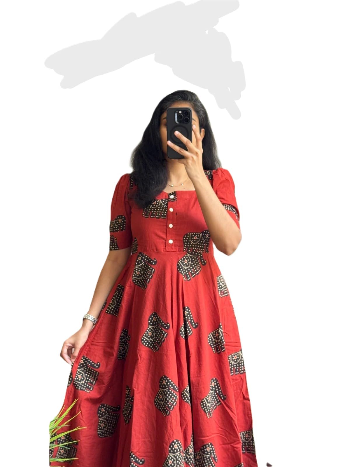 Women's Red Midi Dress with Black Printed Pattern, Square Neck, Button Front, Short Sleeves, A-Line Silhouette, Casual Wear-picture-24