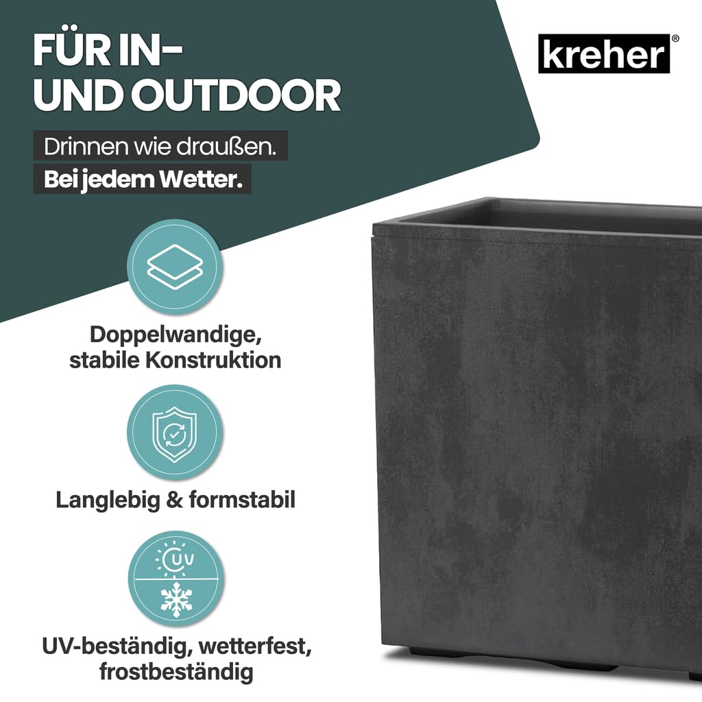 Kreher® XXL Sichtschutz Pflanzkasten hoch 93L - 98x38,5x62 cm - doppelwandig & rollbar, mit Entwässerungsstopfen - wetterfest - Naturstein Optik (3, Anthrazit)