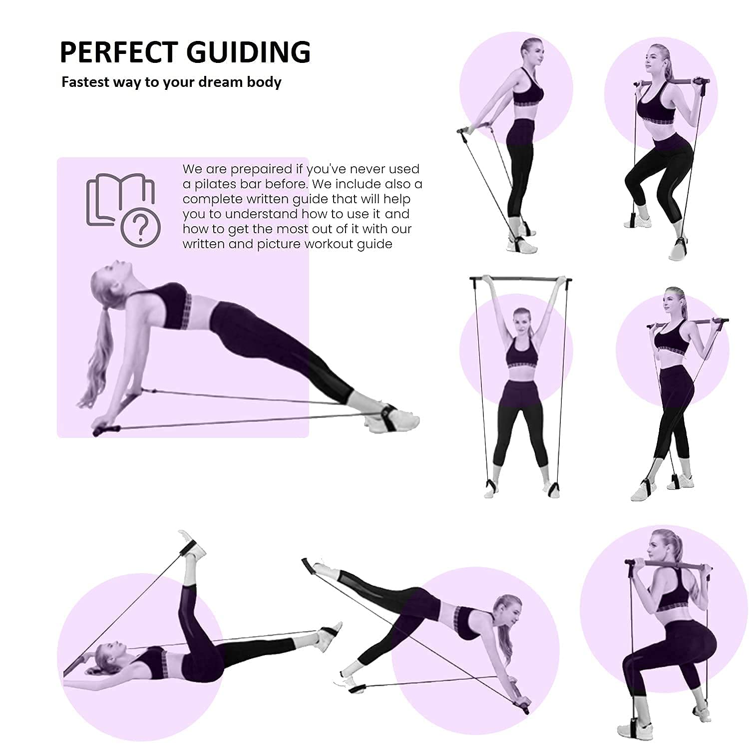 Linarotic Portable Pilates Studio Portable Lightweight 2 Section Bar with Resistance Bands Adjustable Pilates Flexbands Kit Home Gym Yoga Pilates Purple Home Equipment 3