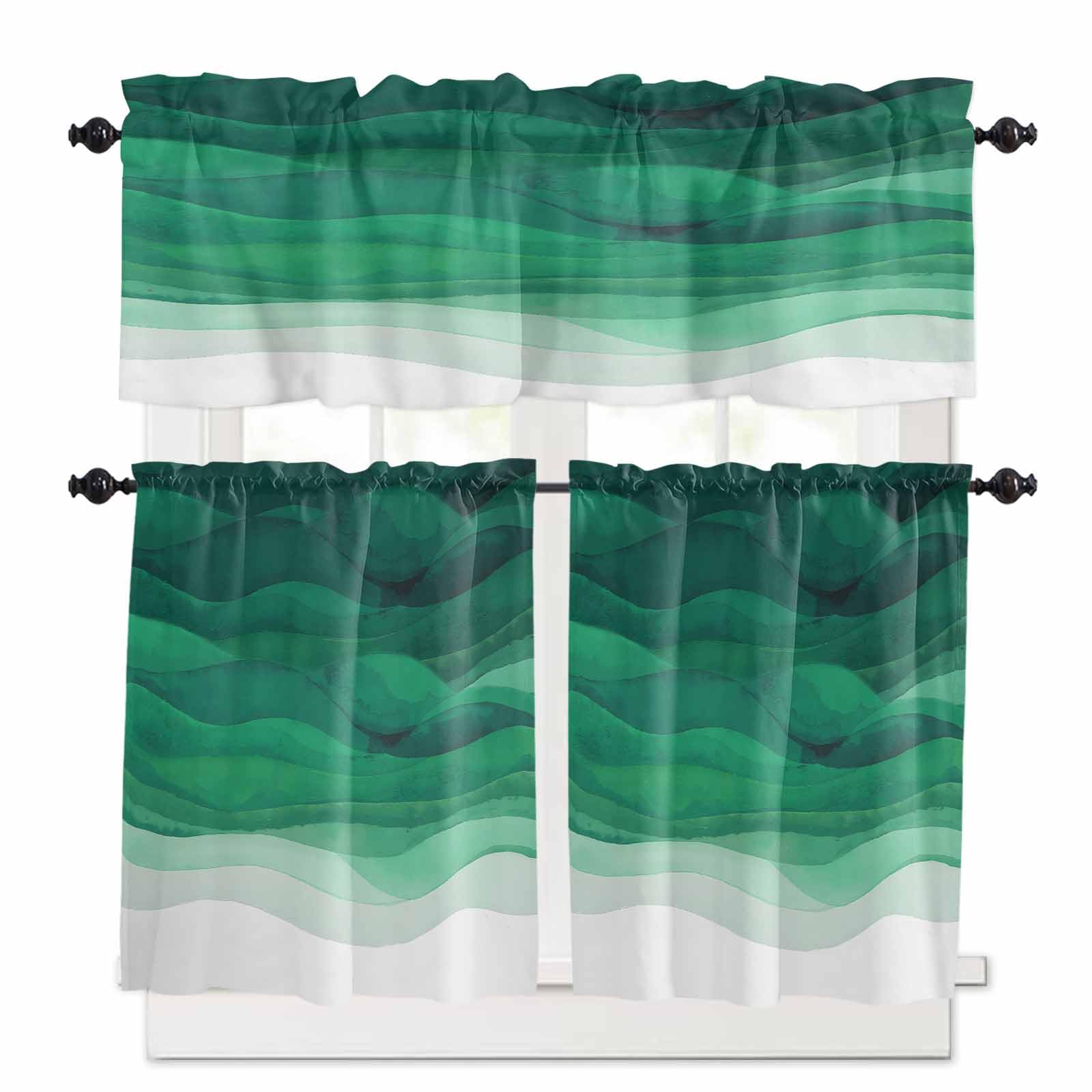 Sage Green Waves Kitchen Curtains 24 Inch Length, 3 Piece Rod Pocket Small Half Tiers and Valance Set, Ombre Coastal Ocean Water Abstract Small Large Window Treatment Decor for Bedroom/Bathroom Sink