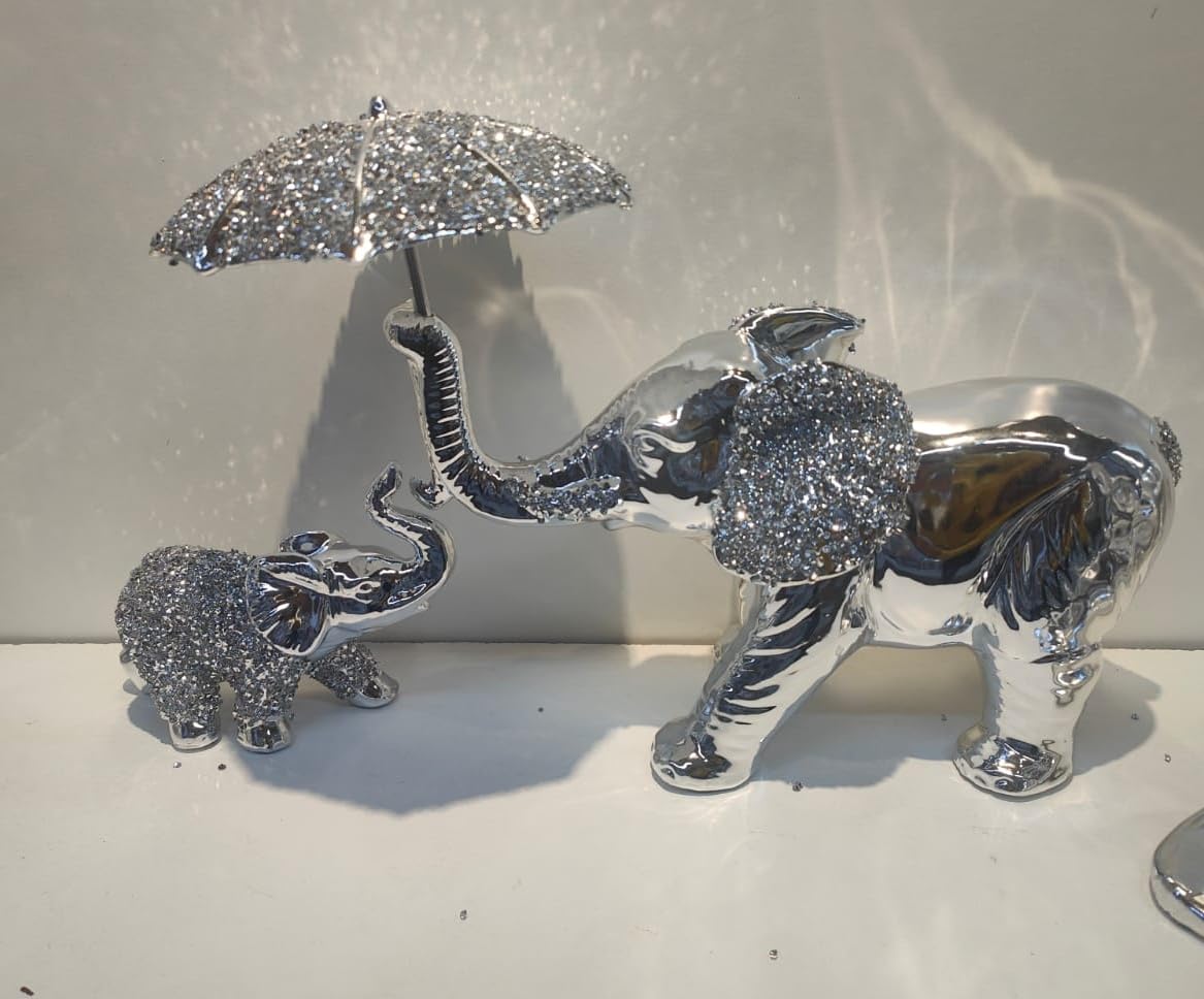 Biznest Crushed Jewel Elephant With Umbrella & Baby Elephant Beautiful Decorative Shelf Ornament Sparkle from B&Q