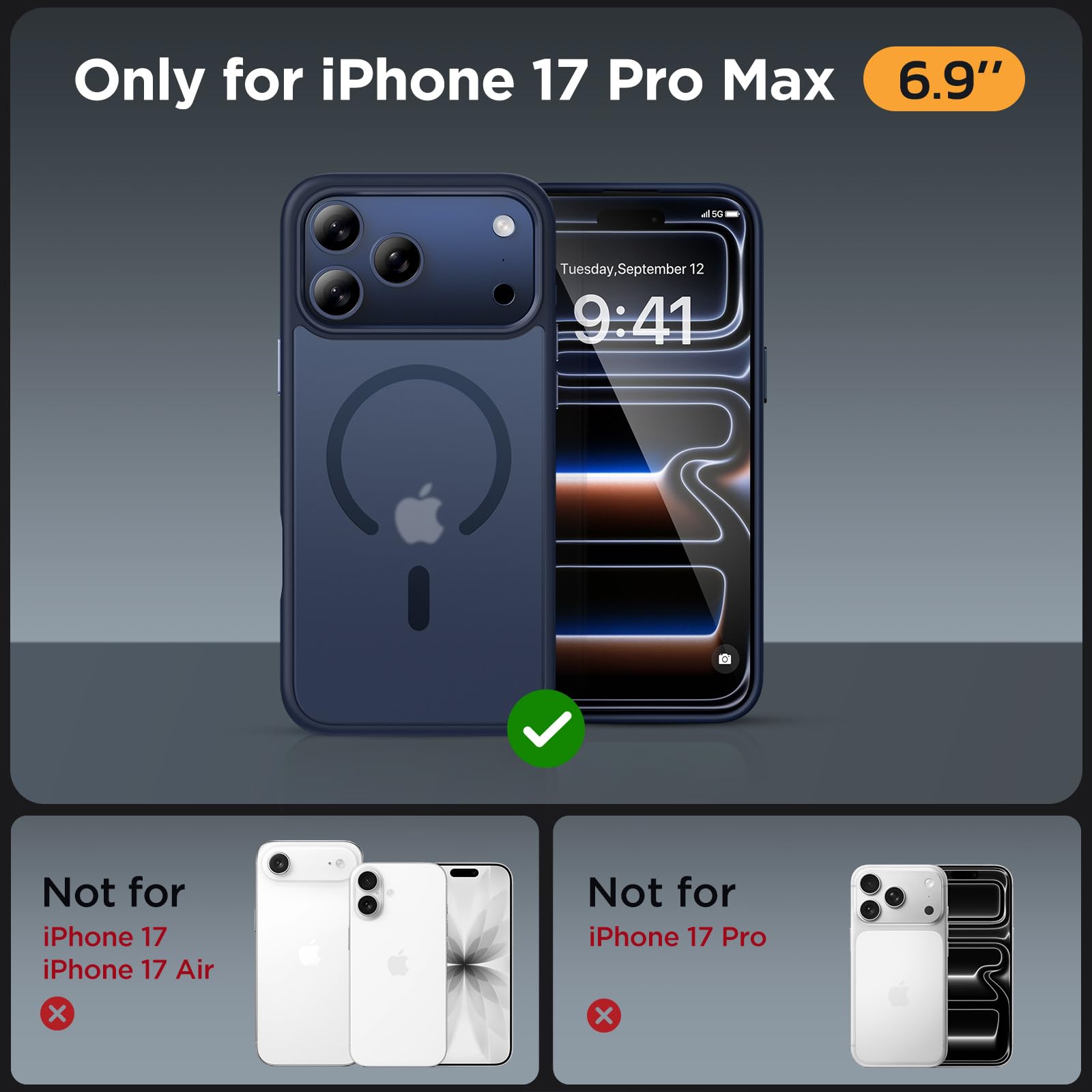 Miracase for iPhone 17 Pro Max Case with MagSafe [with 9H+Screen Protector] Military-Grade Protection Shockproof Scratch-Resistant with Velvet Touch for iPhone 17 Pro Max Cover 6.9", Matte-Deep-Blue — view 2