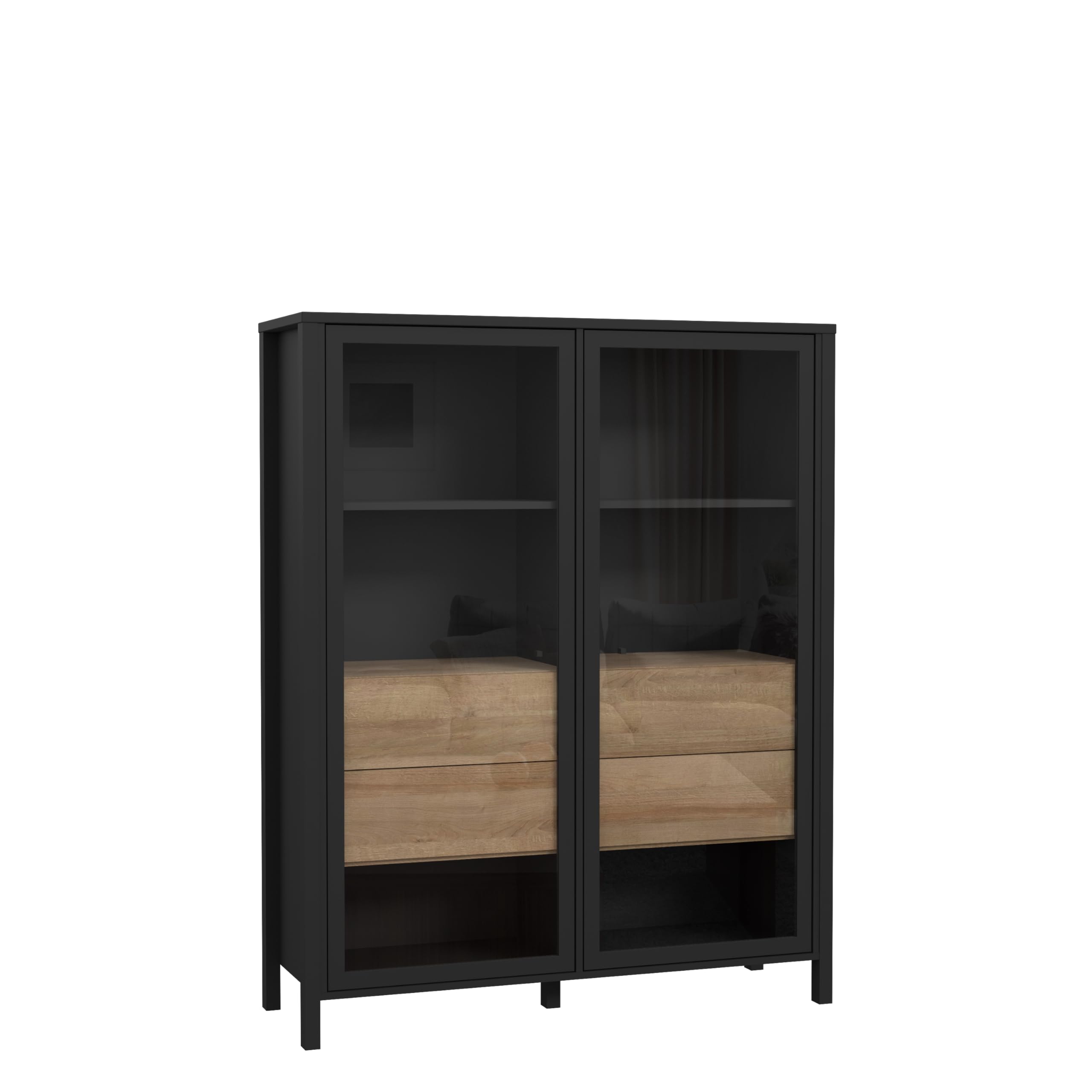 Forte HIGH Rock Vitrine 120, Moderne Standvitrine, 2 Glastüren, Vitrinenschrank, Wohnzimmervitrine, Holzwerkstoff, Schwarz/Riviera Eiche Holzwerkstoff, 121,3 cm breit x 152,3 cm hoch x 40,2 cm tief