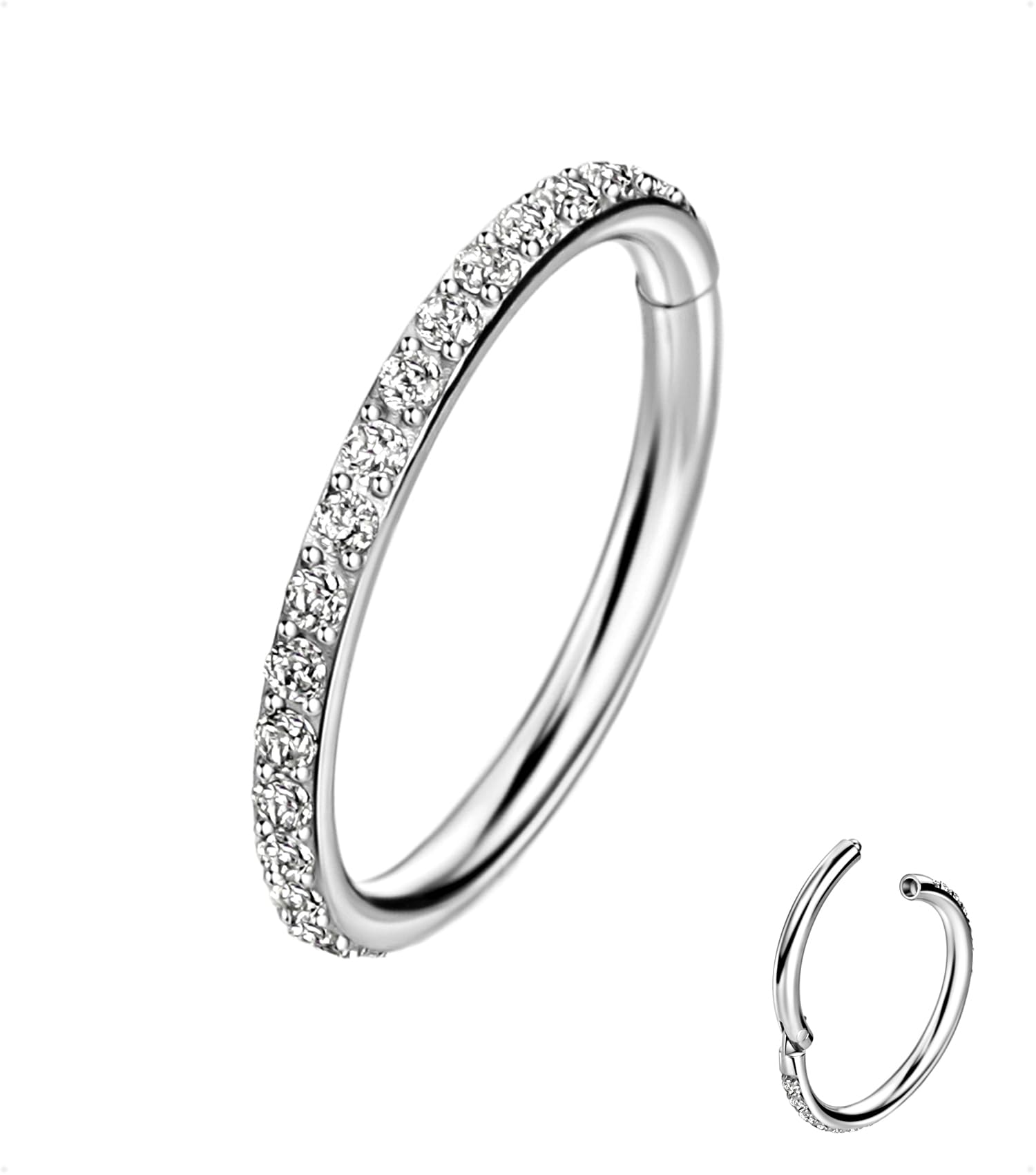 TDEBA 20/18/16G CZ Nose Rings Hoop, 316L Surgical Stainless Steel Cartilage Earring, Septum Clicker Ring, Daith Helix Rook Tragus Conch Lip Lobe