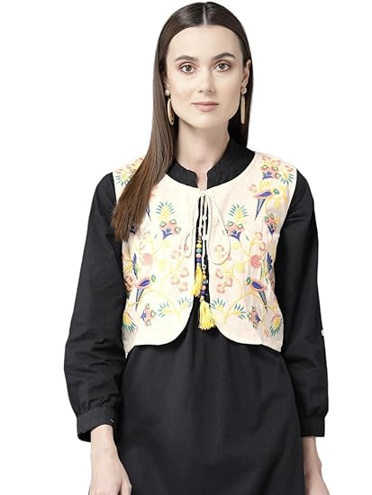 Womens Cream Colour Cotton Embroidery Ethnic Jacket