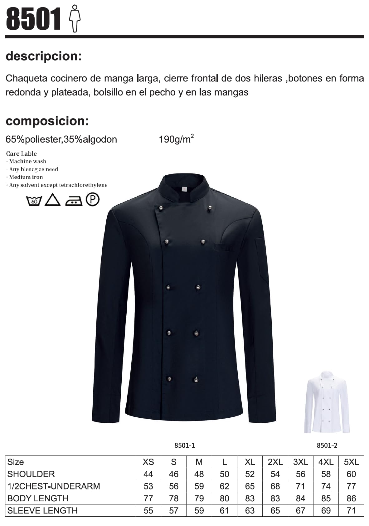 Misemiya - Veste de chef pour hommes - Veste de chef pour hommes - Uniforme d'accueil -Ref.8501