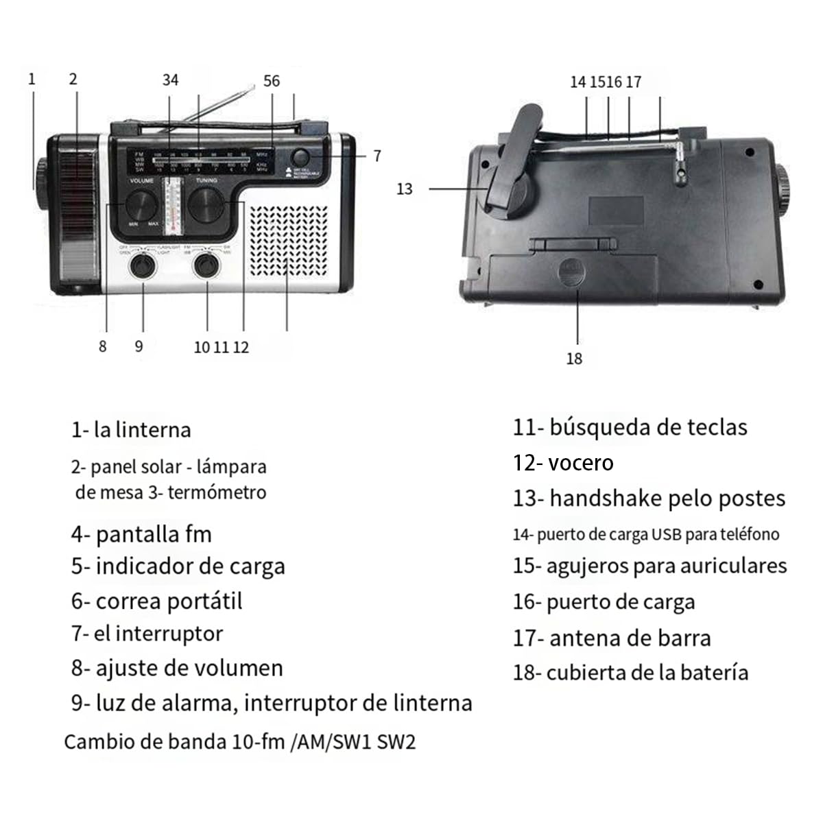 Radio de emergencia con energía solar y manivela, con bandas AM/FM/SW, batería recargable de 1200 mAh, linterna LED y carga de teléfono, alerta meteorológica, termómetro y sirena para supervivencia al