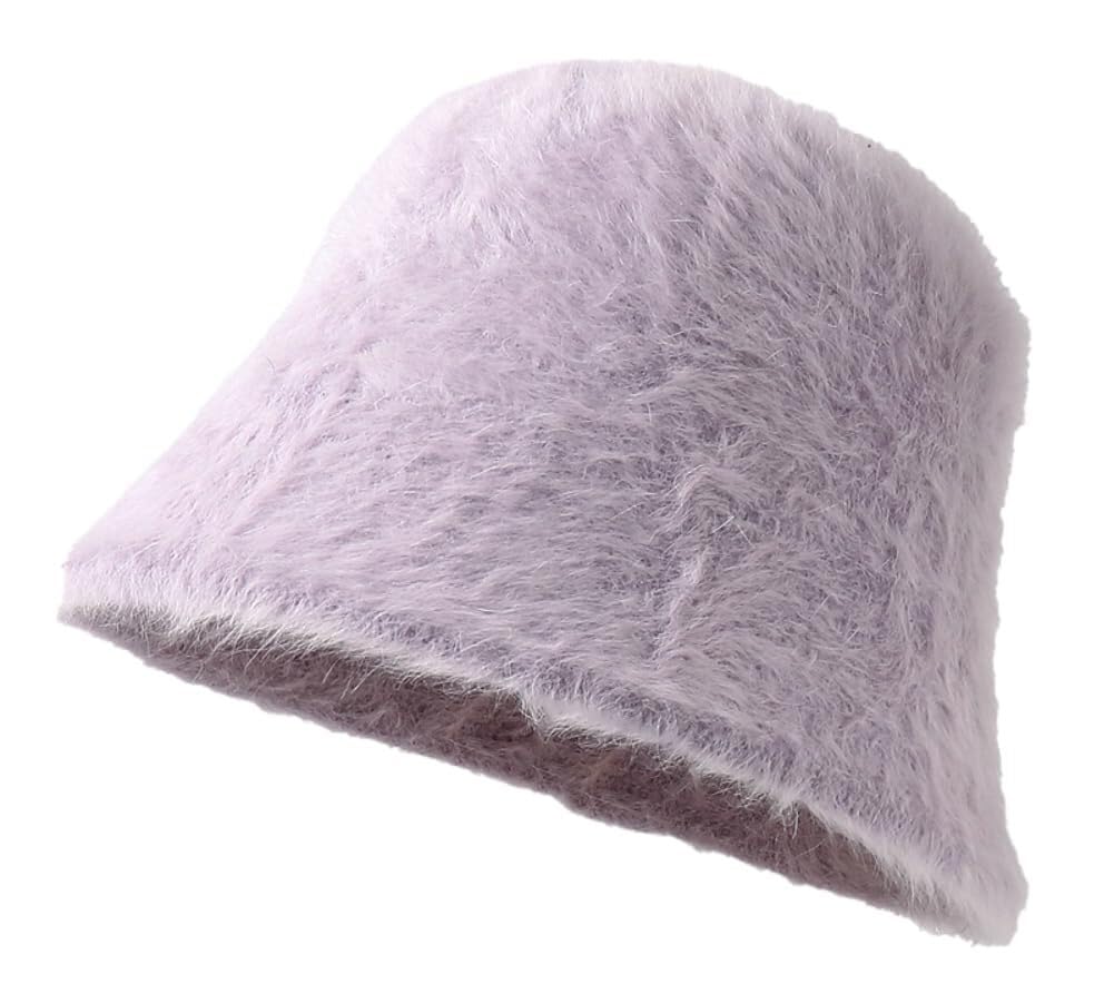 Chapeau seau en fausse fourrure light purple pour femme, bonnet bob peluche hiver