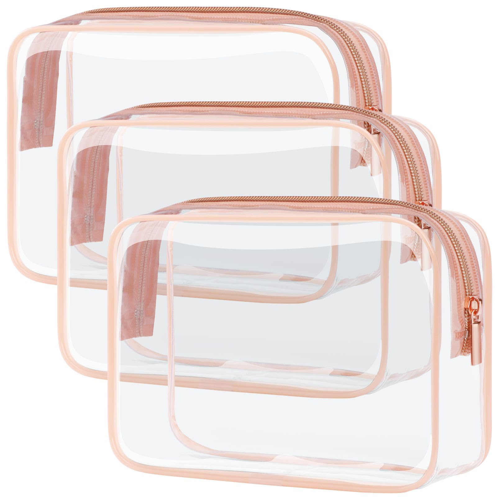 PACKISMClear Toiletry Bag, 3 Pack TSA Approved Toiletry Bag Quart Size Bag, Travel Makeup Cosmetic Bag for Women Men, Carry on Airport Airline Compliant Bag, Rose Pink, Pack of 3