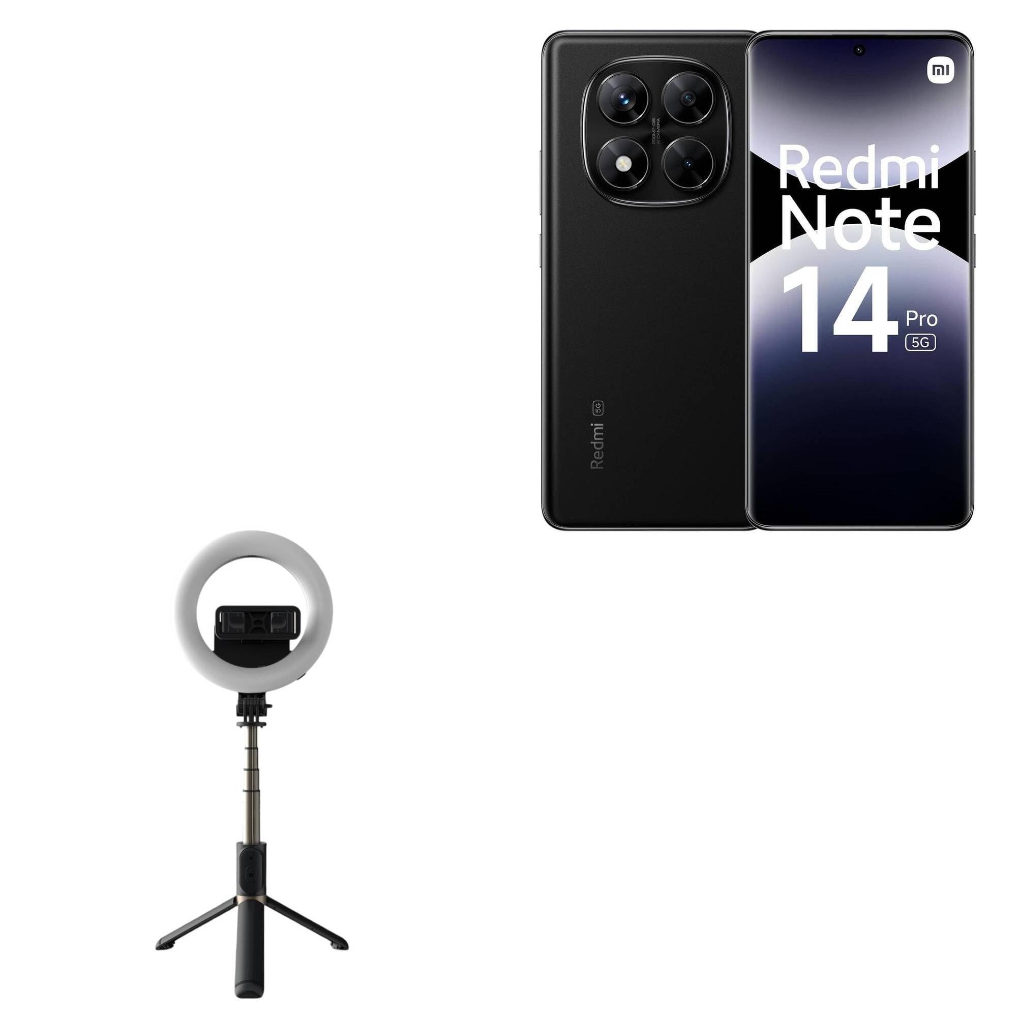 BoxWave Stand and Mount Compatible with Xiaomi Redmi Note 14 Pro 5G - RingLight SelfiePod, Selfie Stick Extendable Arm with Ring Light - Jet Black