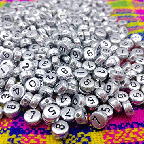 Image of Amaney 500pcs Silver Acrylic Number Beads 7x4mm Mixed Number Beads Acrylic Plastic Round Shape Loose Beads