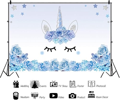 Miniatura 2 de Yeele Fondo de cumpleaños de unicornio, cabeza de unicornio azul, flores de acuarela lindas estrellas sonrientes, fondo de pestañas sonrientes,