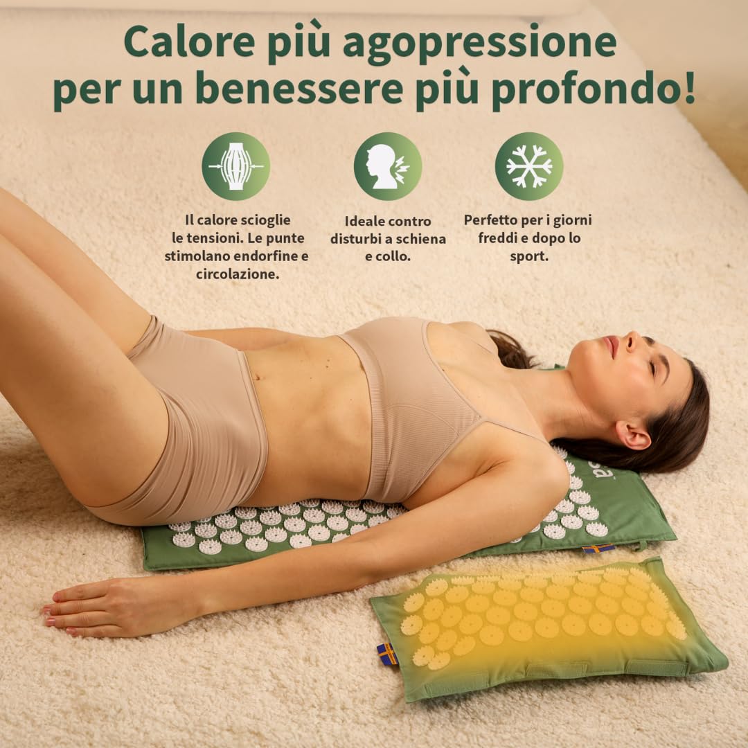 Thermo MYSA Duo - Tappetino Agopressione Originale con Cuscino Termico – Agopressione per Schiena e Collo, Fiori a 33 Punte, Rilassamento Totale, Design Svedese