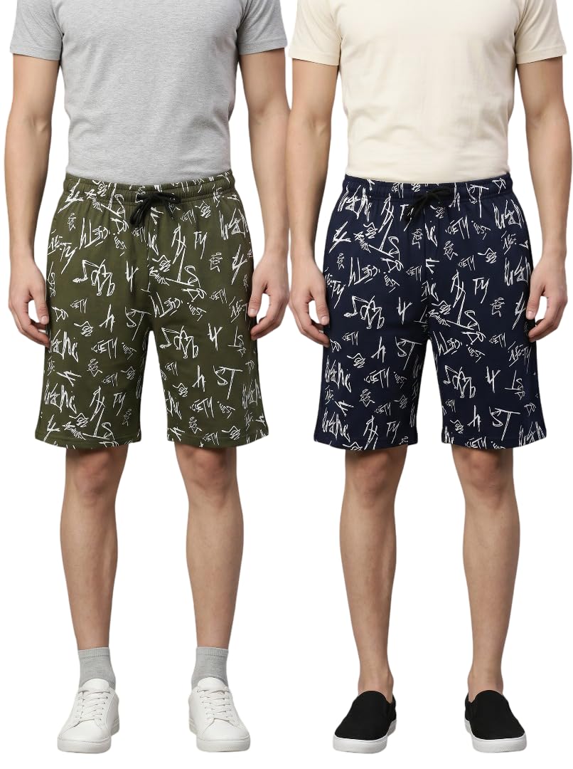 Mens Blue-Grey Printed Cotton Shorts Combo (Pack of 2) | Comfortable Casual & Loungewear Shorts | Soft Breathable Lounge & Sleepwear Shorts with Drawstring & Pockets-image-32