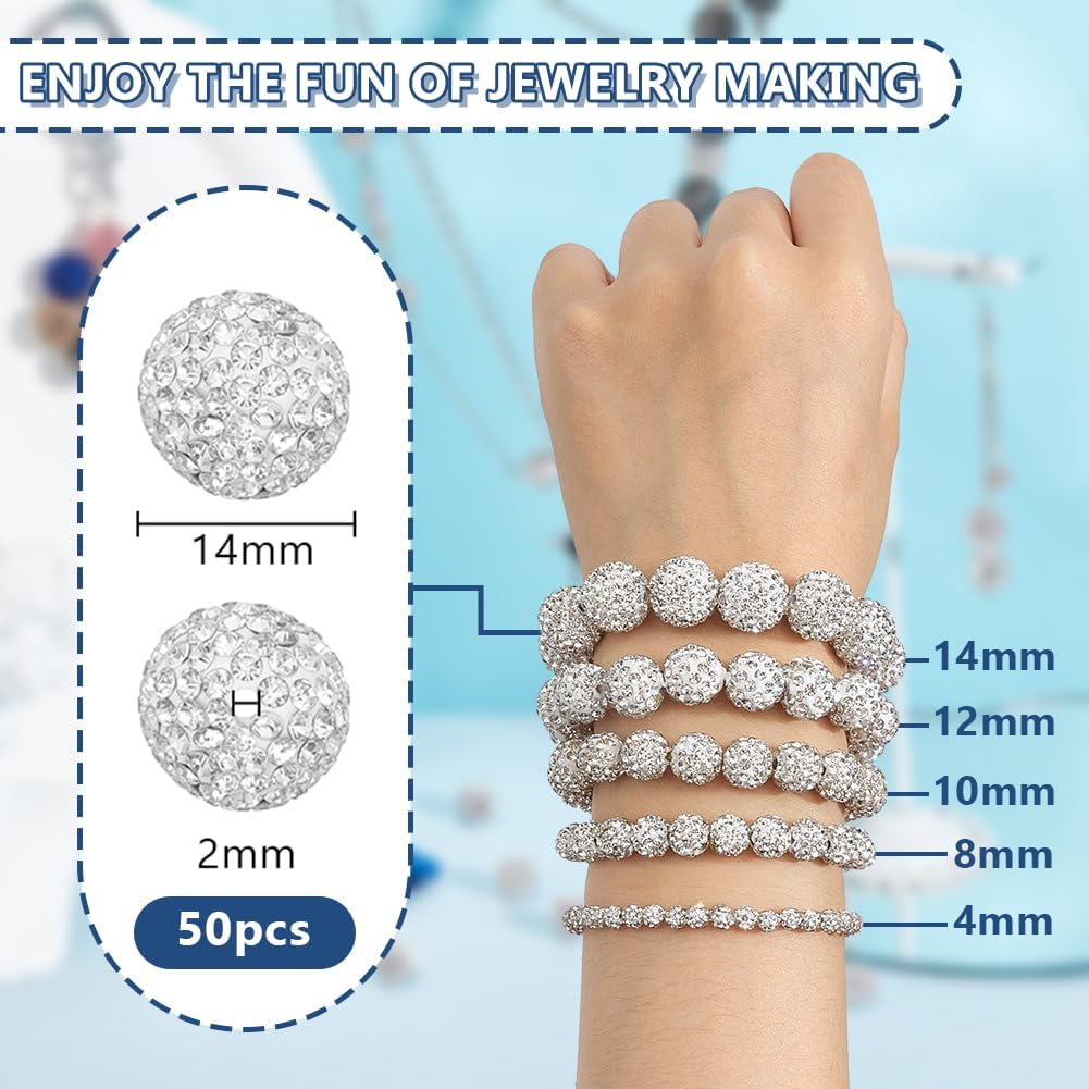 PH PandaHall 50pcs 14mm White Rhinestone Beads White Clay Beads Polymer Crystal Beads2mm Hole Clay Pave Disco Ball Round Diamond Sparkle Bead for Necklace Bracelet Jewelry Making Party Decoration - Image 2