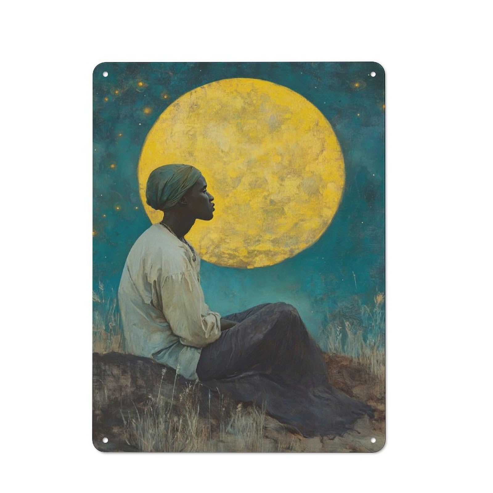 Industrial Metal Sign with Woman Gazing at The Moon Design 40x30cm, Modern Retro Loft Wall Plaque for Workspace, Cafe, Hallway Or Garage