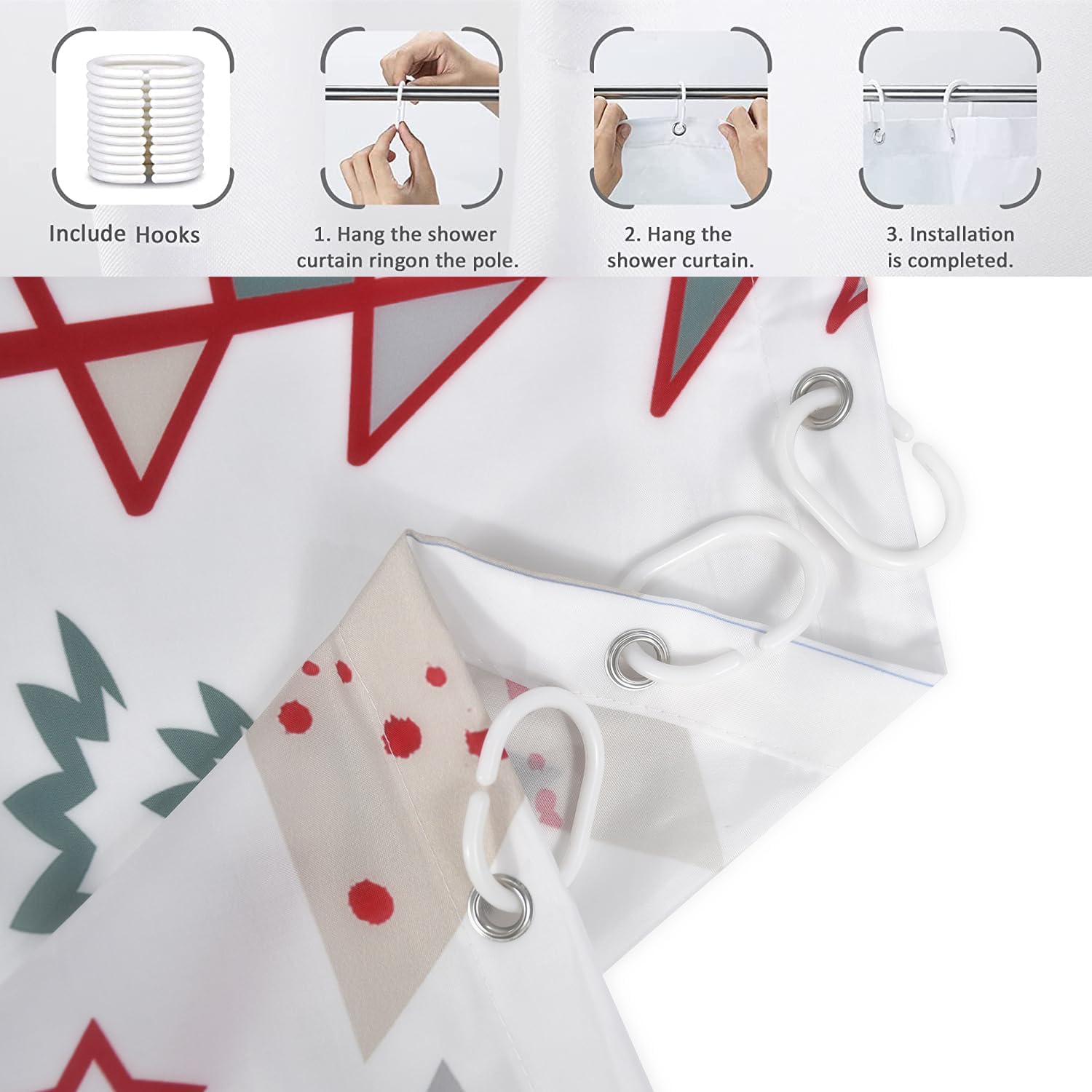 Merry Christmas Shower Curtain, Christmas Tree Red Stars Snow Snowflake New Year Winter Bathroom Curtain Waterproof Fabric Washable 12 Hooks