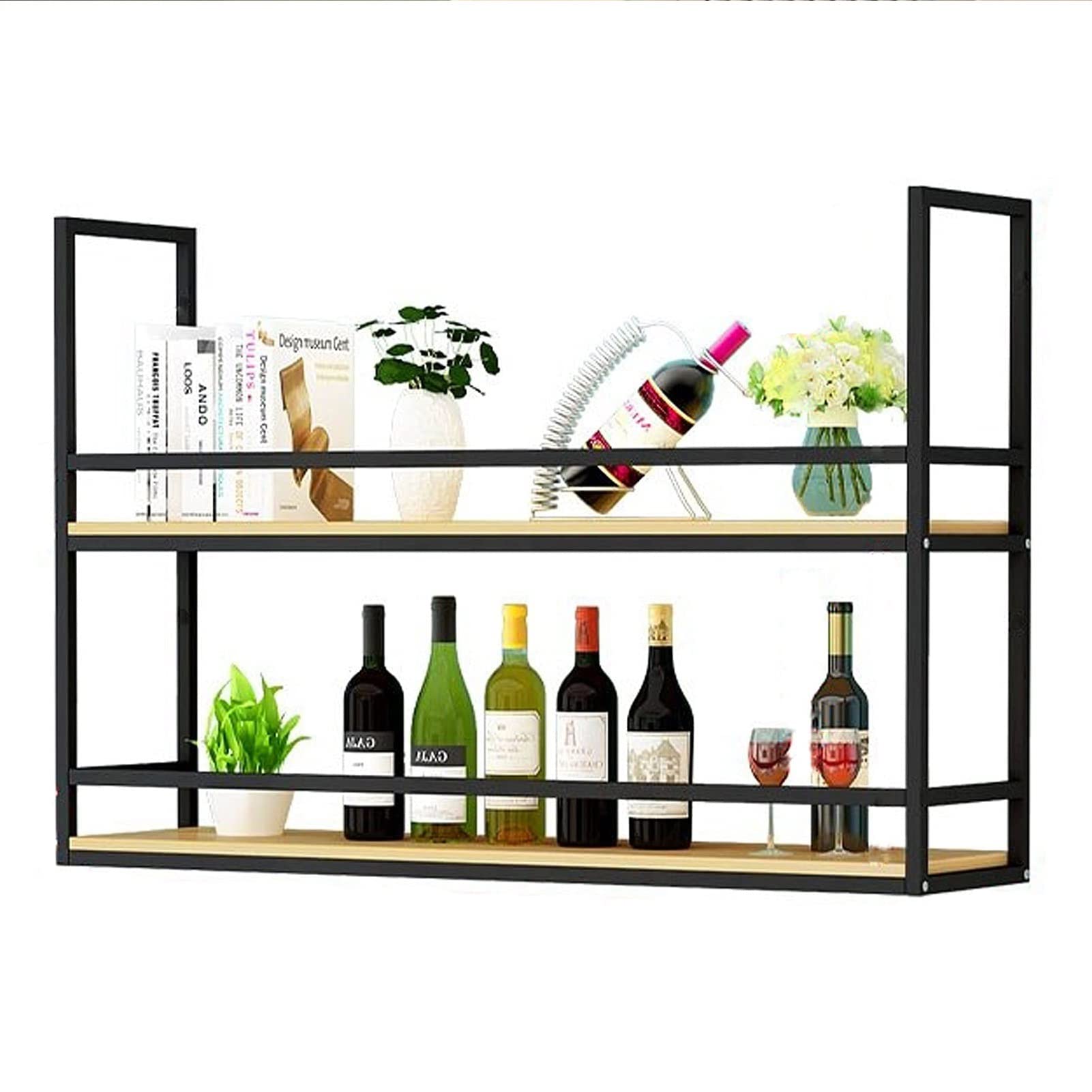 Casier à vin suspendu en bois massif véritable et métal noir suspendu