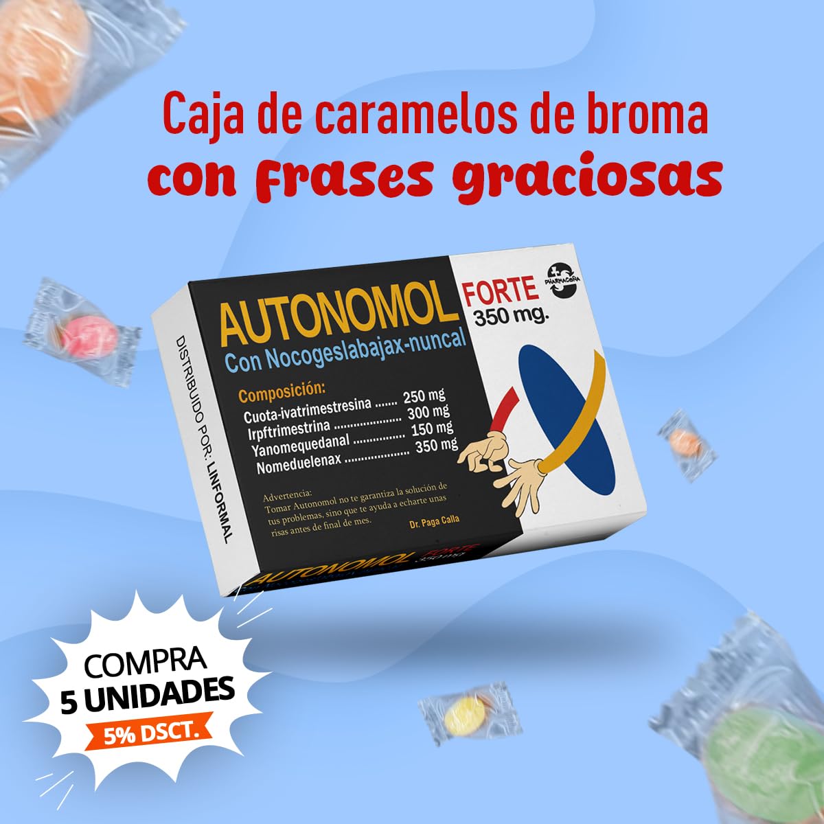 LINFORMAL PHARMACOÑA AUTONOMOL |Regalos Originales Caja Broma con Caramelos Originales Y Regalos DE Broma | Contenido Caramelos Broma | Amigo Invisible | 34 gr|