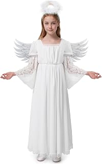 Halloween Child Girl Halo Angel Dress Costume, Angel White Gown for Kids Halloween Role Play Parties