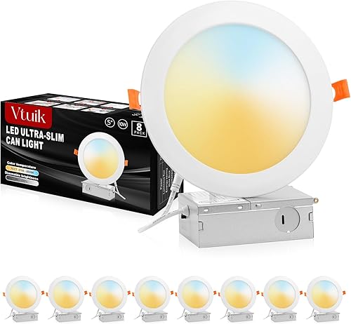 Vtuik Paquete de 8 luces LED de 5 pulgadas y 10 W con caja de conexiones, iluminación LED empotrable ultra fina de 850 lmCRI85 5CCT 2700K-5000K con