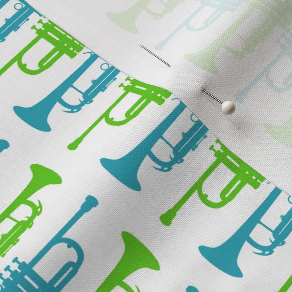Spoonflower Fabric - Blue Green Geometric Abstract Whimsical Music Trumpet Musician Printed on Petal Signature Cotton Fabric by The Yard - Sewing Quilting Apparel Crafts Decor