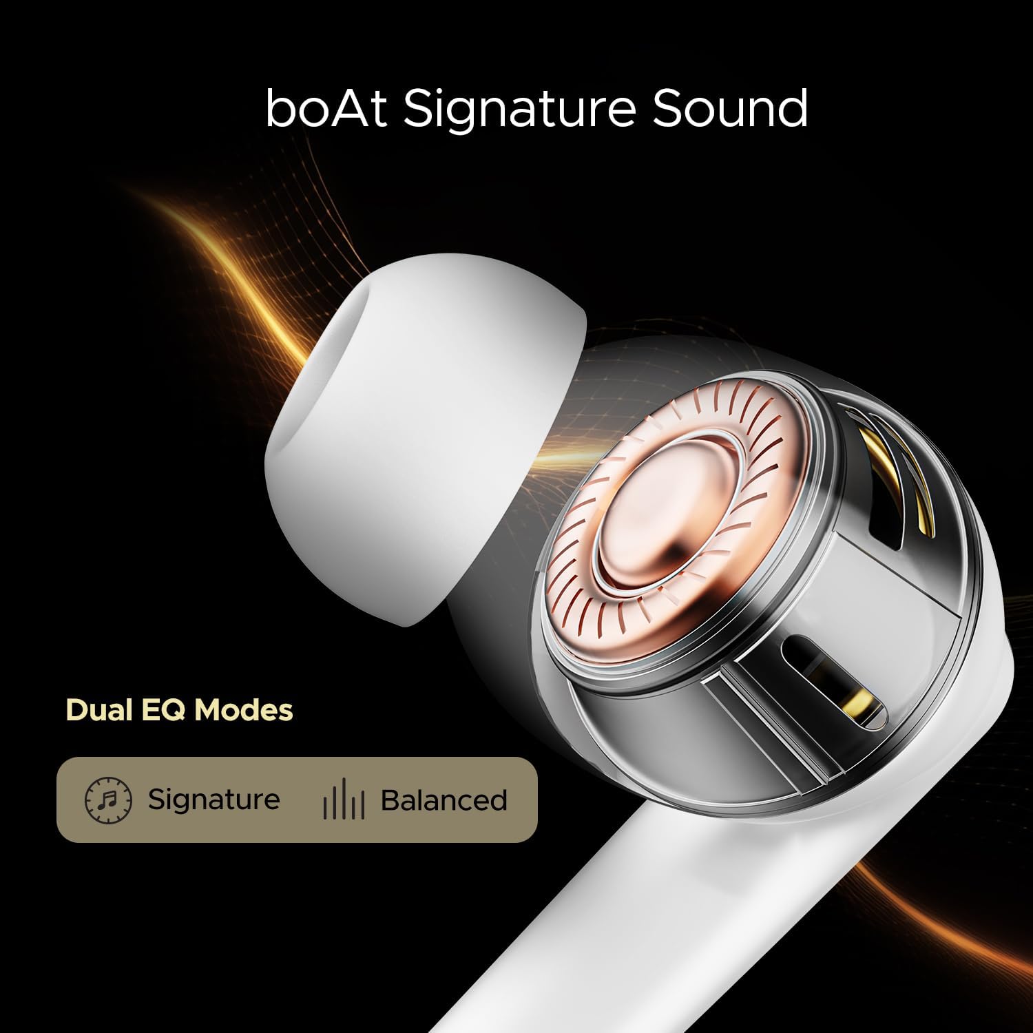 Close-up of an Airdopes 141 ANC earbud showing the driver and text 'boAt Signature Sound Dual EQ Modes Signature & Balanced'