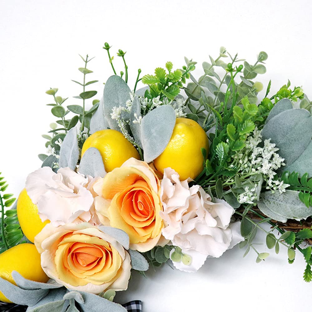 Obahdirry Couronne de fleurs artificielles de citron et de rose pour porte d 'entrée, fenêtre, mur, fête de mariage, bureau, décoration de la maison