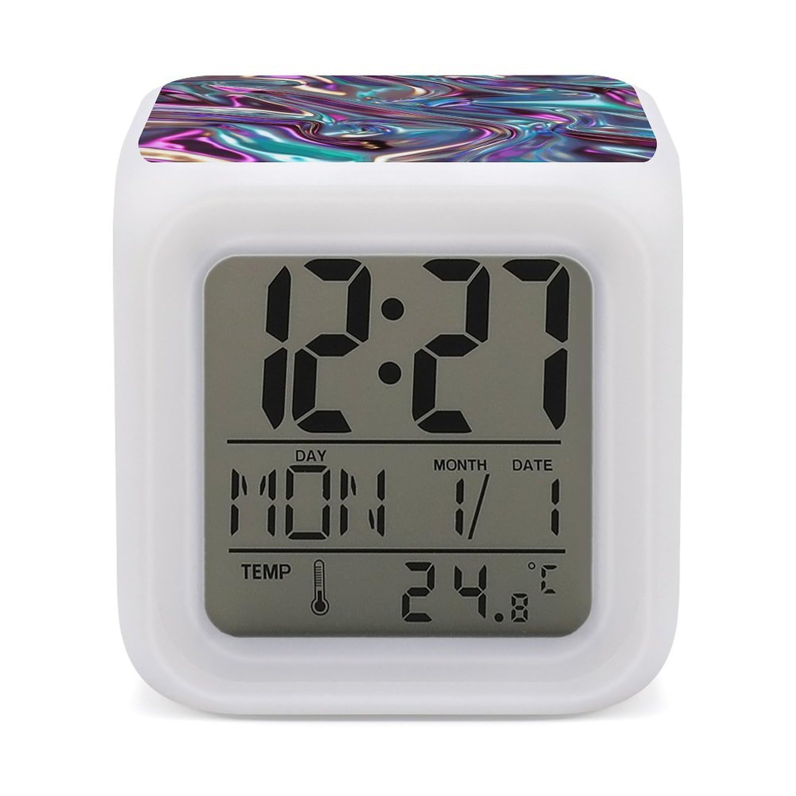 7 Color Ambient Night Light Cube Battery Operated Iridescent Liquid Metal Digital Clock with Snooze Temperature LED Digital Alarm Clocks Dimmable Wake Up Light Portable Mood Lamp for Bedroom Desk Gift