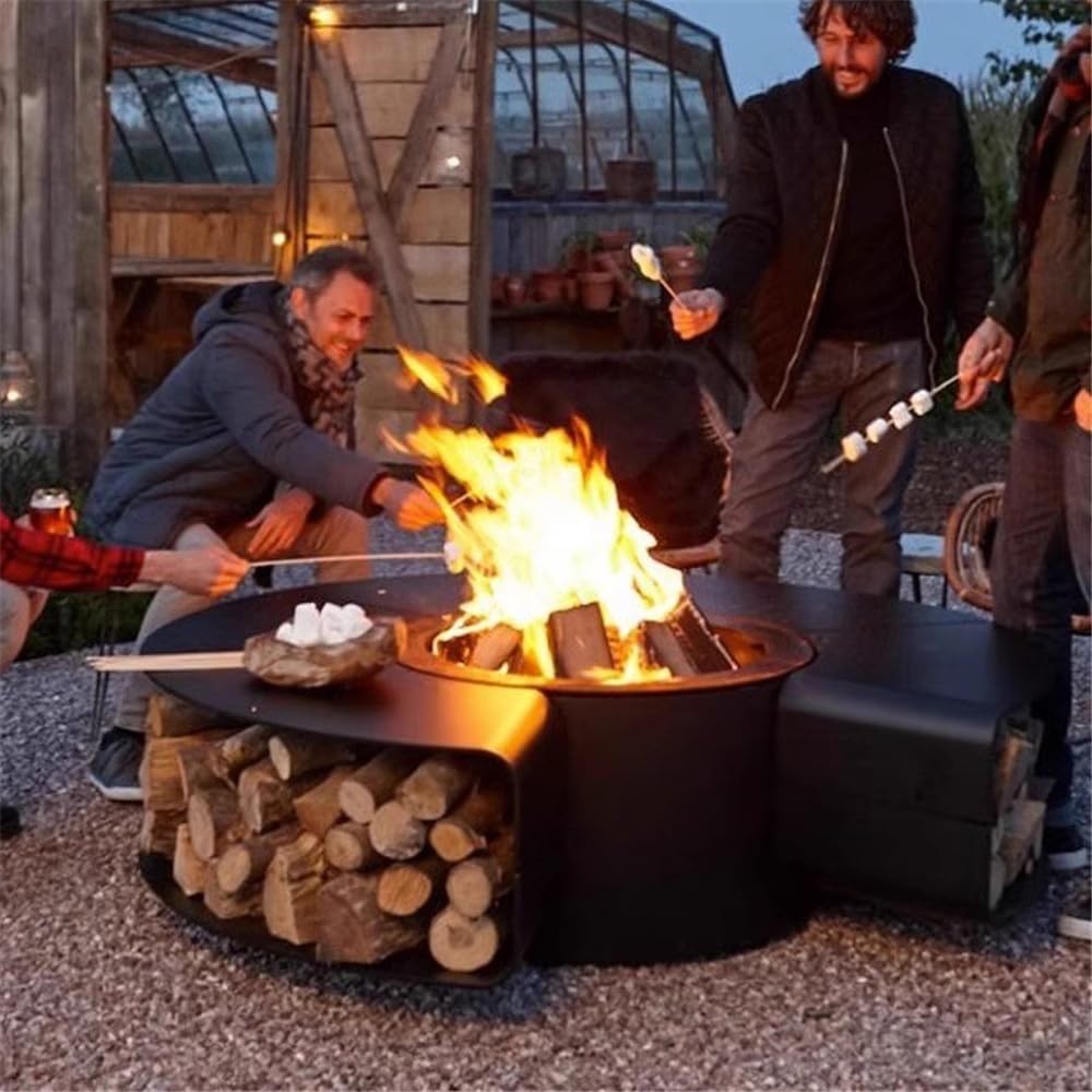 Chimenea al Aire Libre, Hoguera Redonda de Madera con Almacenamiento, Moderna Hoguera de leña de Acero Inoxidable for Patio Exterior, terraza y jardín(80cm)