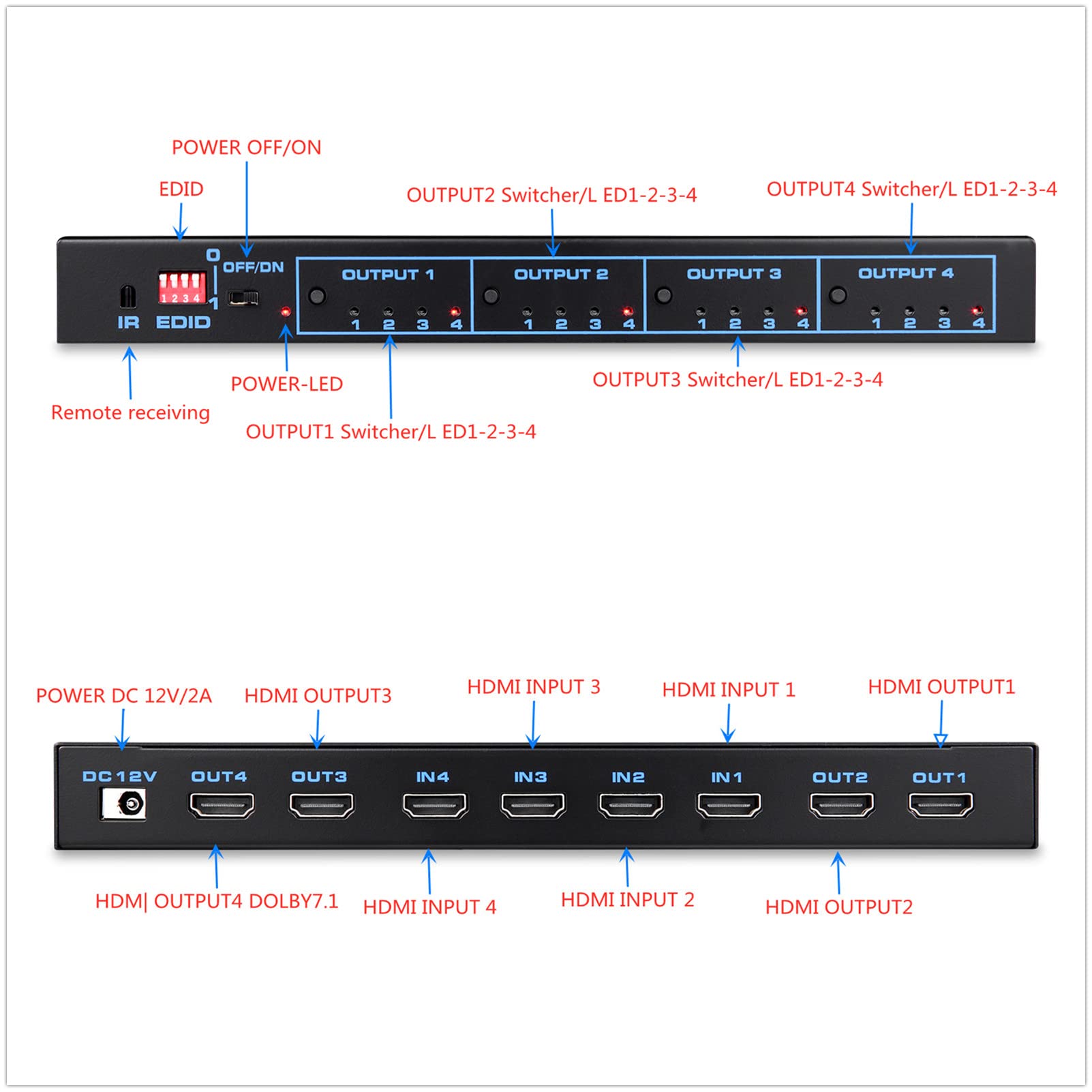 Amazon | 4K @ 60Hz HDMIマトリックススイッチ4x4、EDID、4 in 4出力