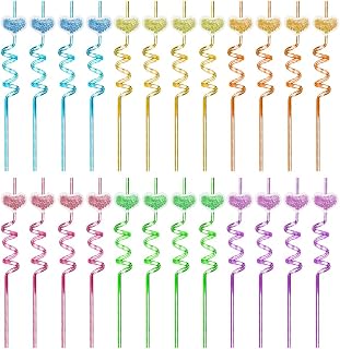 Sparkly Straws, 24 Pieces Reusable Curly Party Straws, Heart/Crown Shaped Straws for Parties, Pools, Birthday Decorations, Accessories, Candy