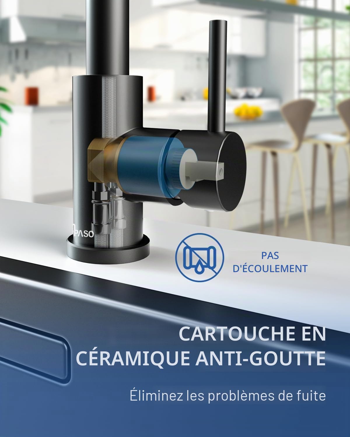 APPASO Robinet de cuisine noir avec douchette extractible, robinet d'évier pivotant à 360° avec 3 modes de pulvérisation I en acier inoxydable noir