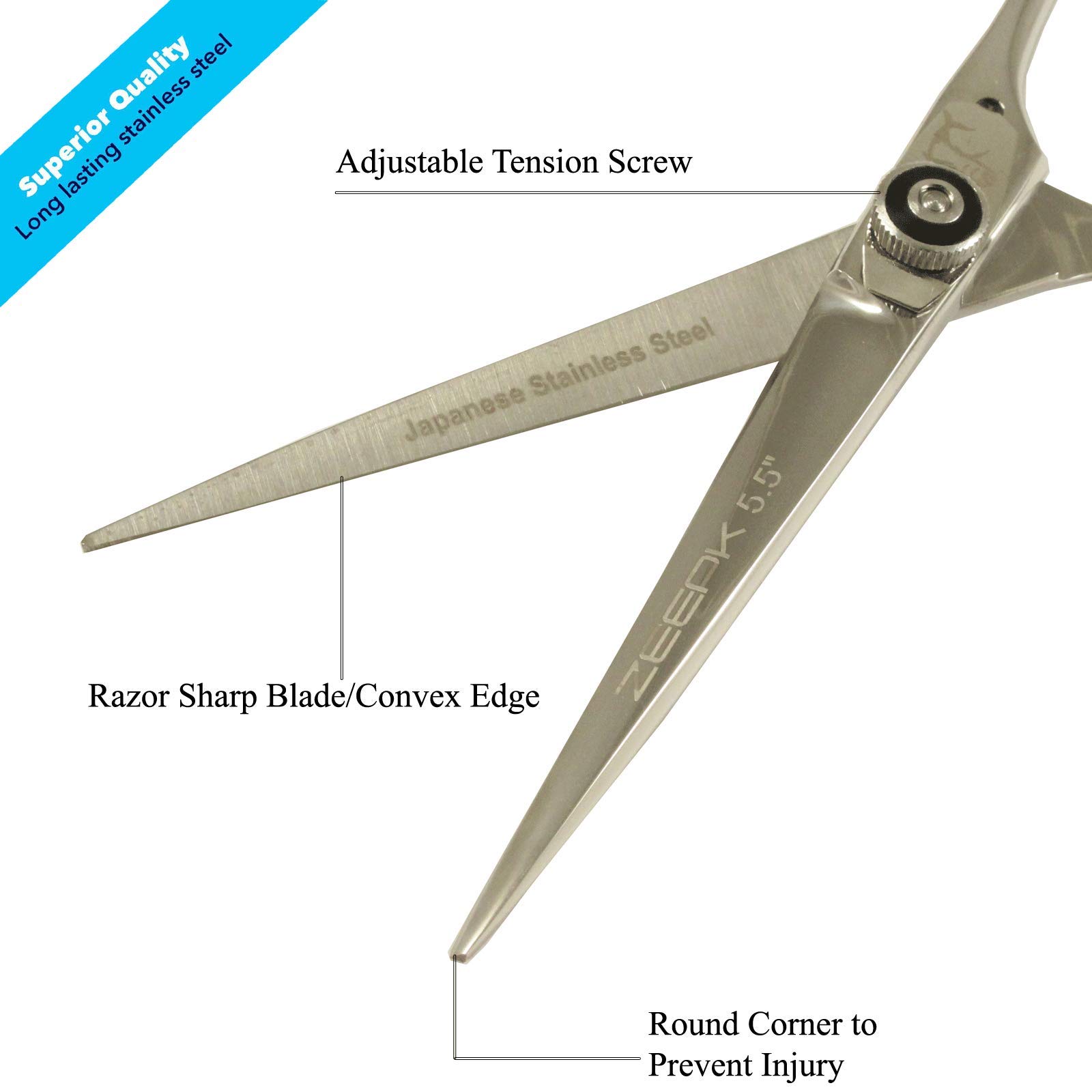 Professional Hair Cutting Scissors - Zeepk Stainless Steel Salon Barber Haircut Scissor (5.5 Inch) - Adjustable Tension Screw - Shears for Men Women Kids Pets All Purpose Shear