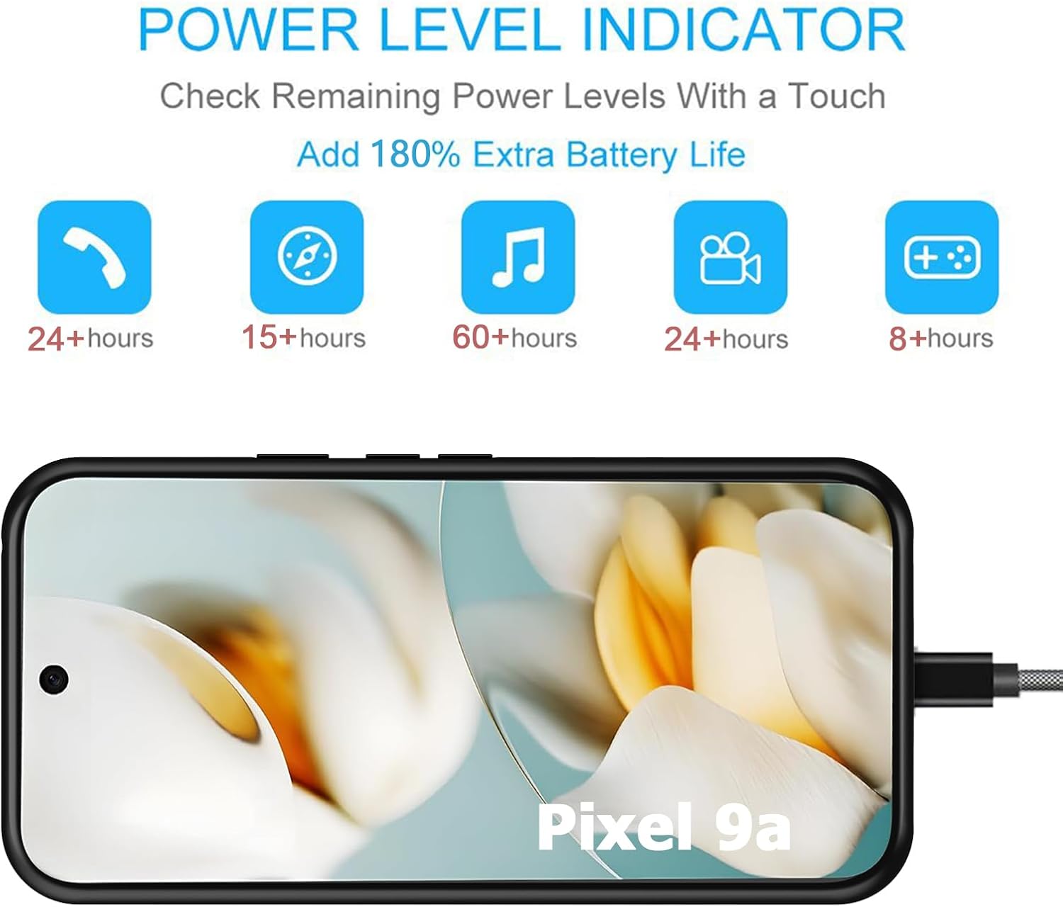 Battery Case for Google Pixel 9a, Upgraded 10000mAh Portable Protective Charging Case with Wireless Charging Compatible for Google Pixel 9a (6.3 inch) Battery Pack Charger Case with Carplay (Black)