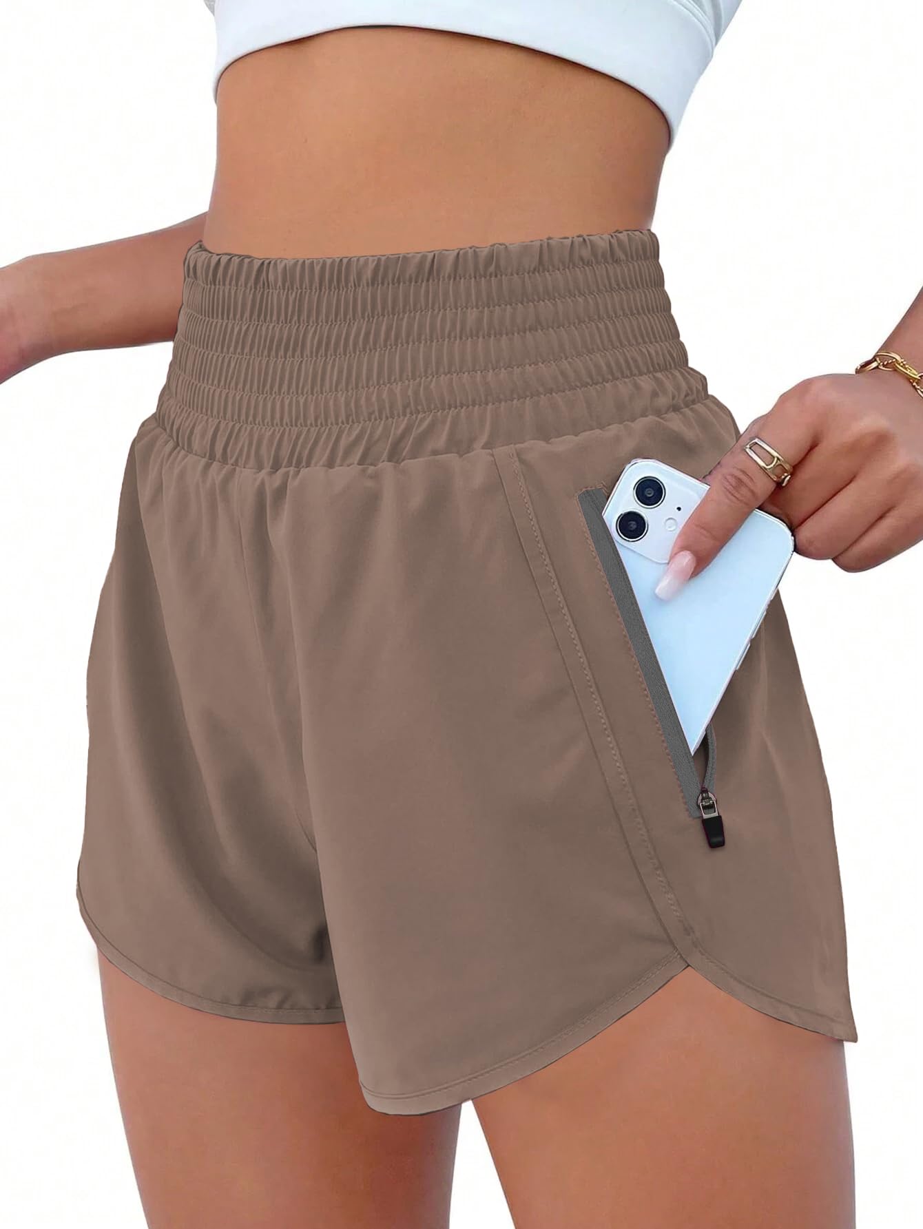 Pantalones cortos deportivos para mujer, de cintura alta, para correr, con bolsillo, elásticos, para gimnasio — view 11