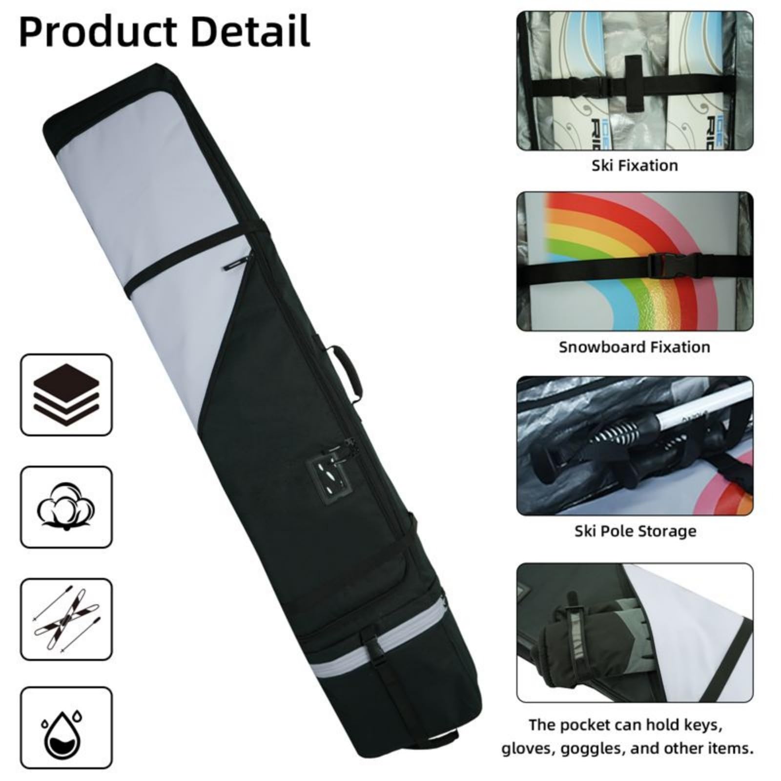 AUMTISC Bolsa de Snowboard Acolchada, Resistente con Forro Interior Impermeable, Correas Ajustables para el Hombro, Apta para Snowboard de 155 a 180 cm