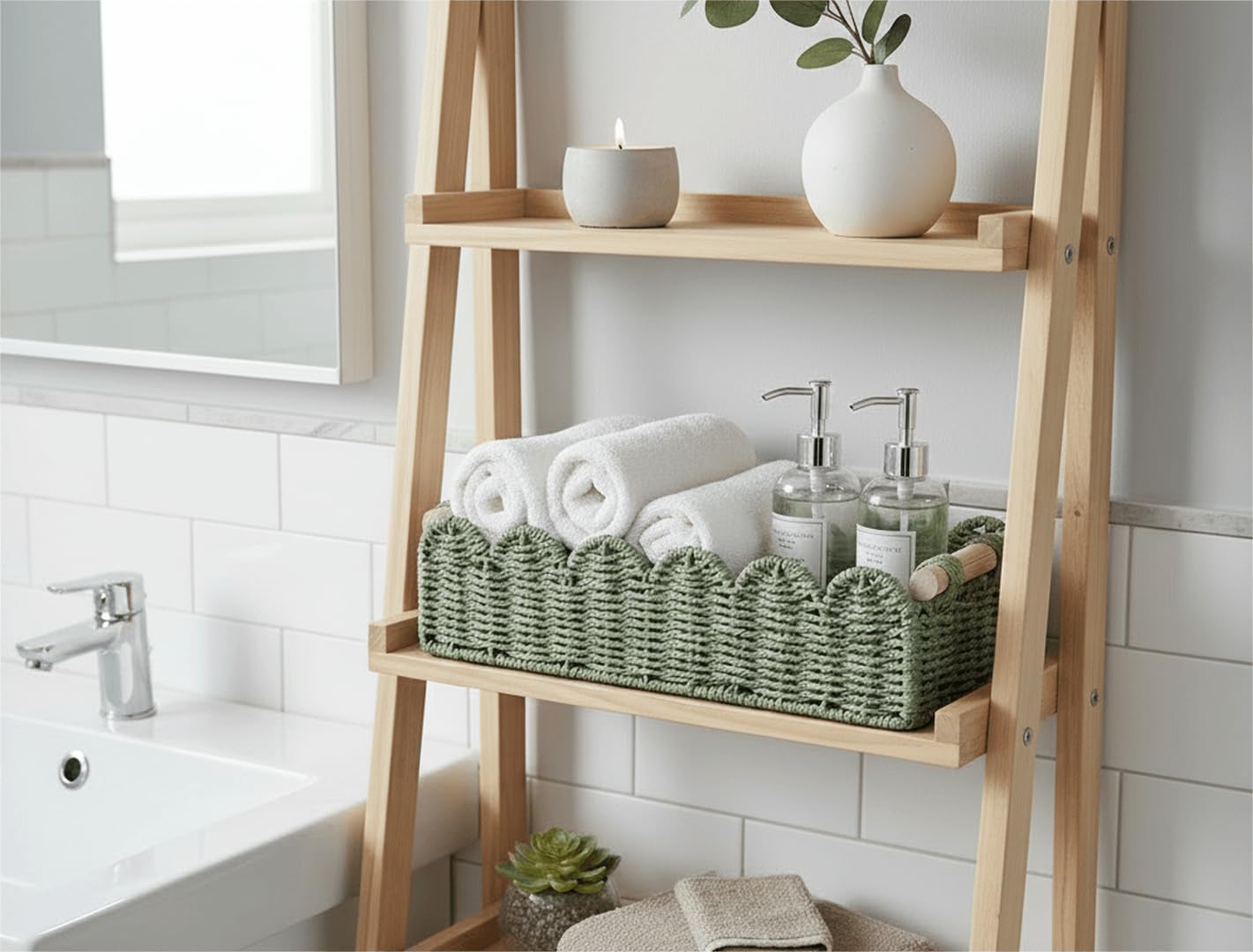CubesLand Toilet Paper Storage Basket Scalloped Edge Home Decor Green Basket, Living Room Cozy Decor, Paper Rope Small Baskets for Over Toilet Storage Shelf, End Table, Shelves, with 2 Wooden Handles: Beige M - 14"L x 6.3"W x 3.9"H