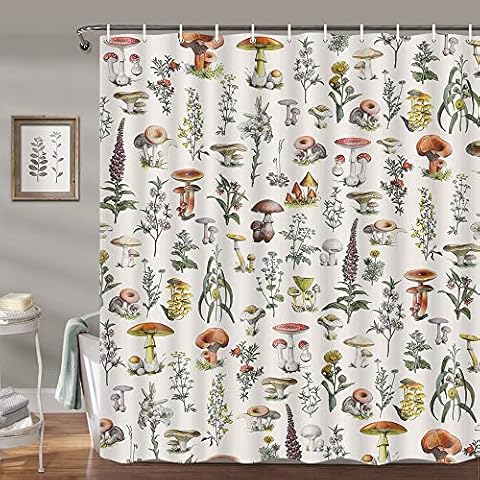 Wathon Vintage Botanical Shower Curtain Plants Herbs Mushroom Cottagecore Bath Curtain Nature Floral Bathroom Decor Aesthetic Neutral Beige Bath Set Boho Bathroom Accessories 72X72IN Cover